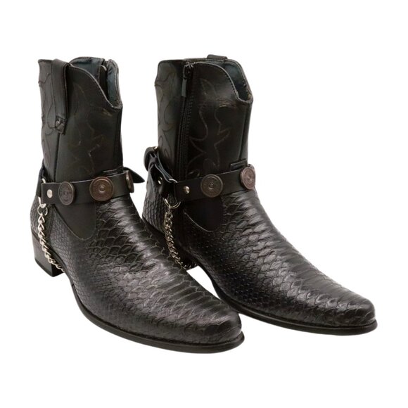 NEW Men Biker Boot Silver Chain Faux Leather 2 Straps Shotgun Bullet Shell Charm - Picture 7 of 16